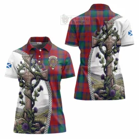 Auchinleck (Affleck) Tartan Women's Polo Shirt with Family Crest and St. Andrew's Cross Accented by Thistle Vines