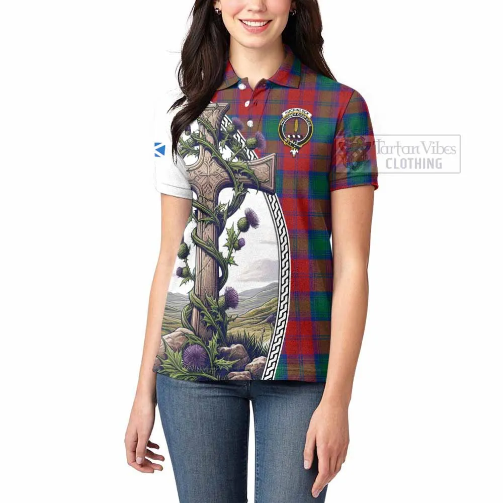 Auchinleck (Affleck) Tartan Women's Polo Shirt with Family Crest and St. Andrew's Cross Accented by Thistle Vines