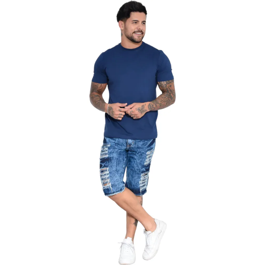 Bermuda Jeans Destroyed Rasgada Masculina Verão