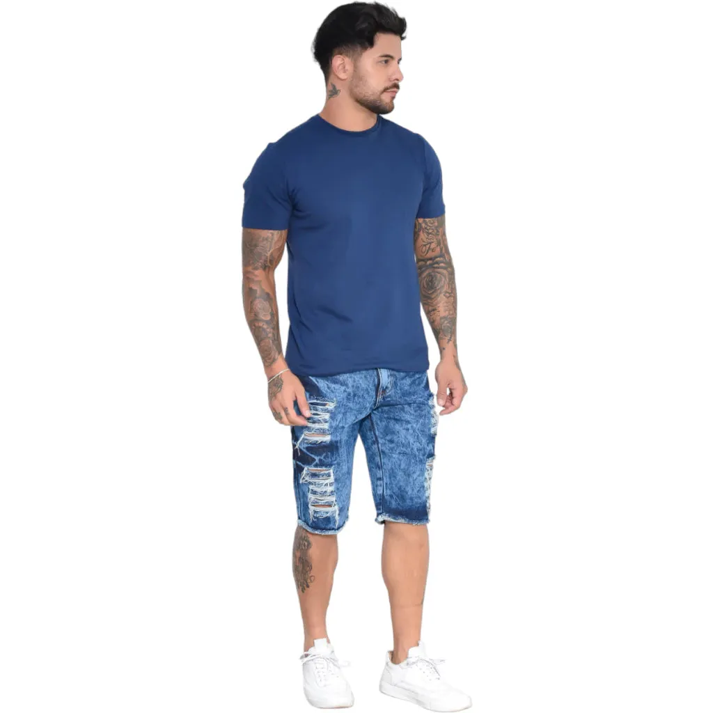 Bermuda Jeans Destroyed Rasgada Masculina Verão