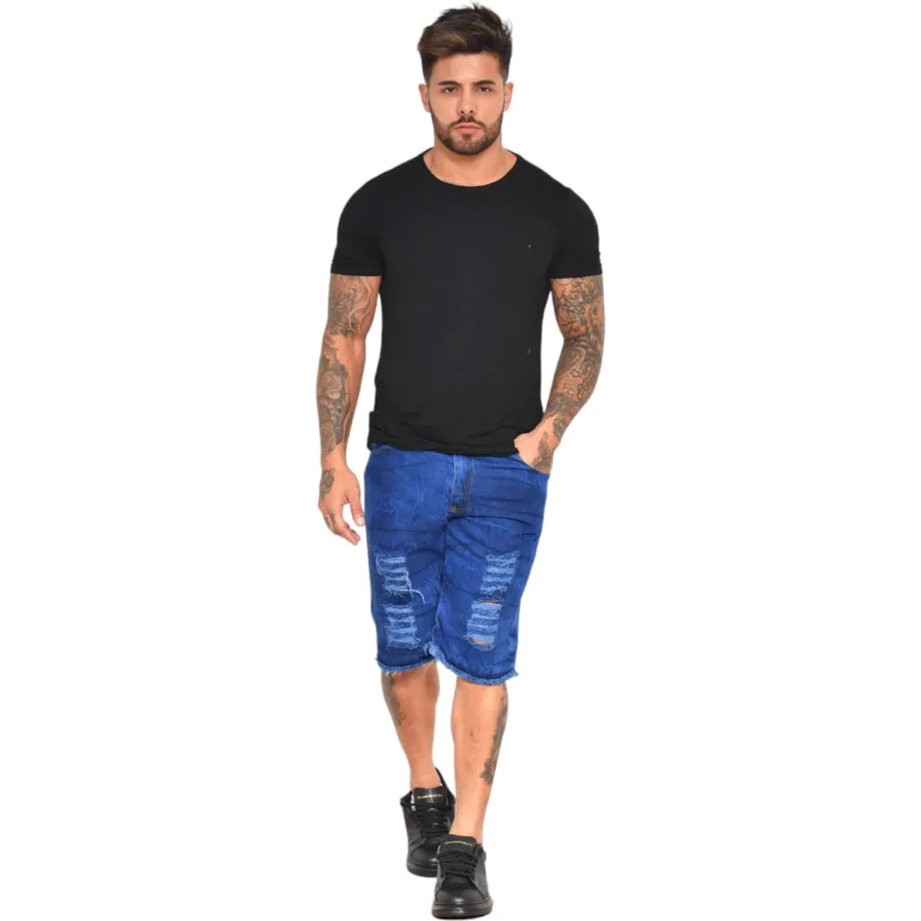 Bermuda Jeans Destroyed Rasgada Masculina Verão