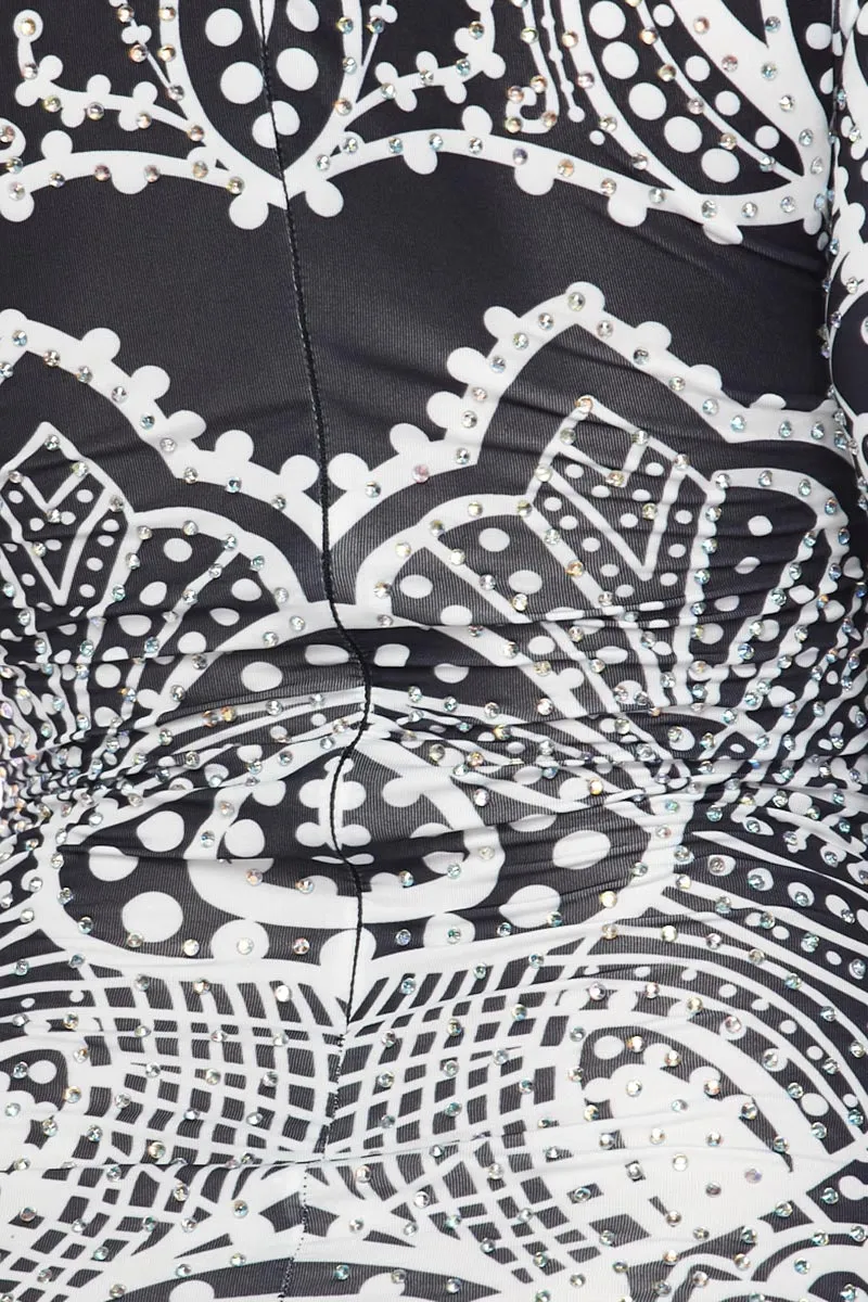 Black & White Print Bodysuit With Rhinestone Design