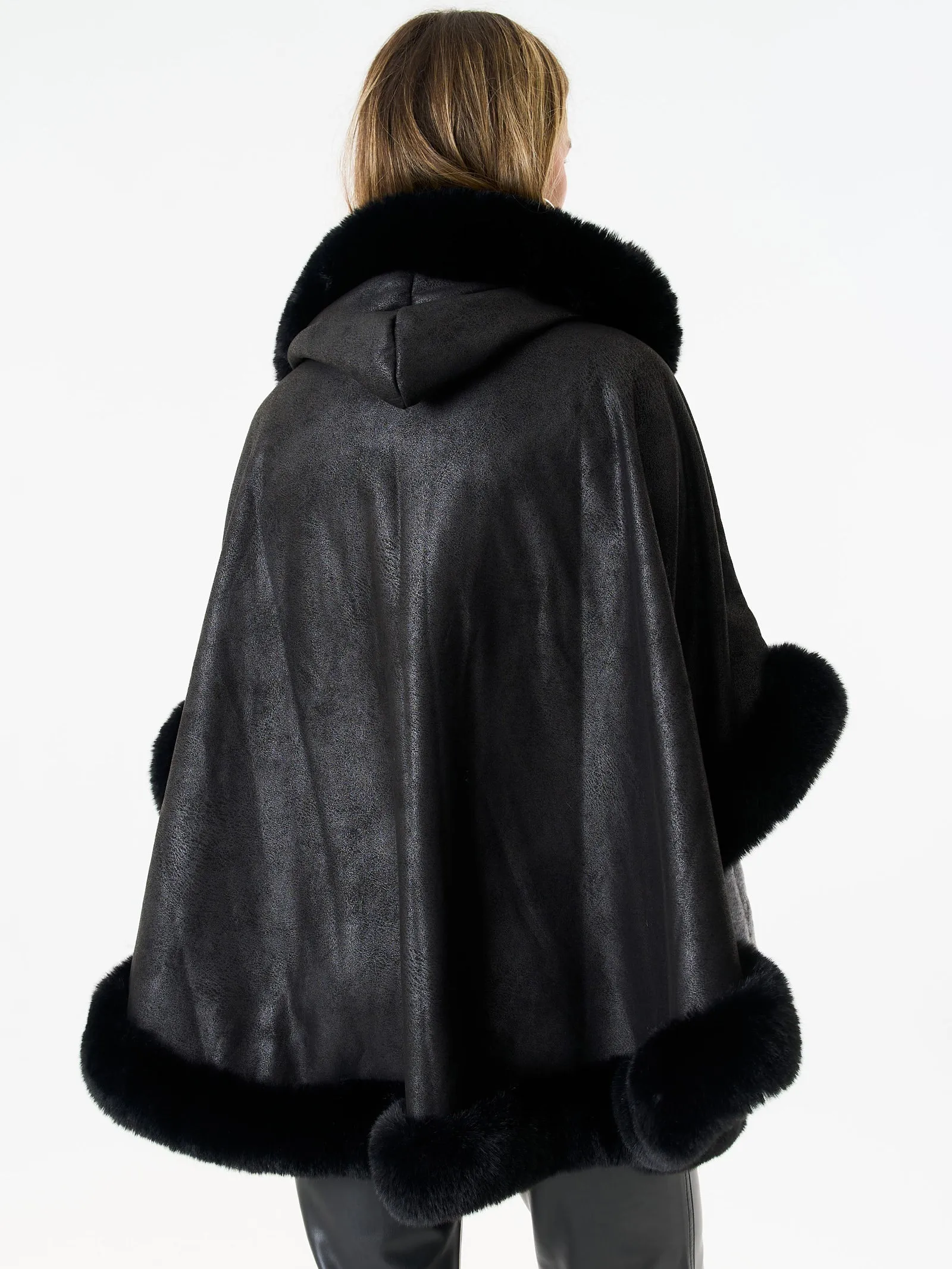 Black Faux Fur Trim Poncho Cape