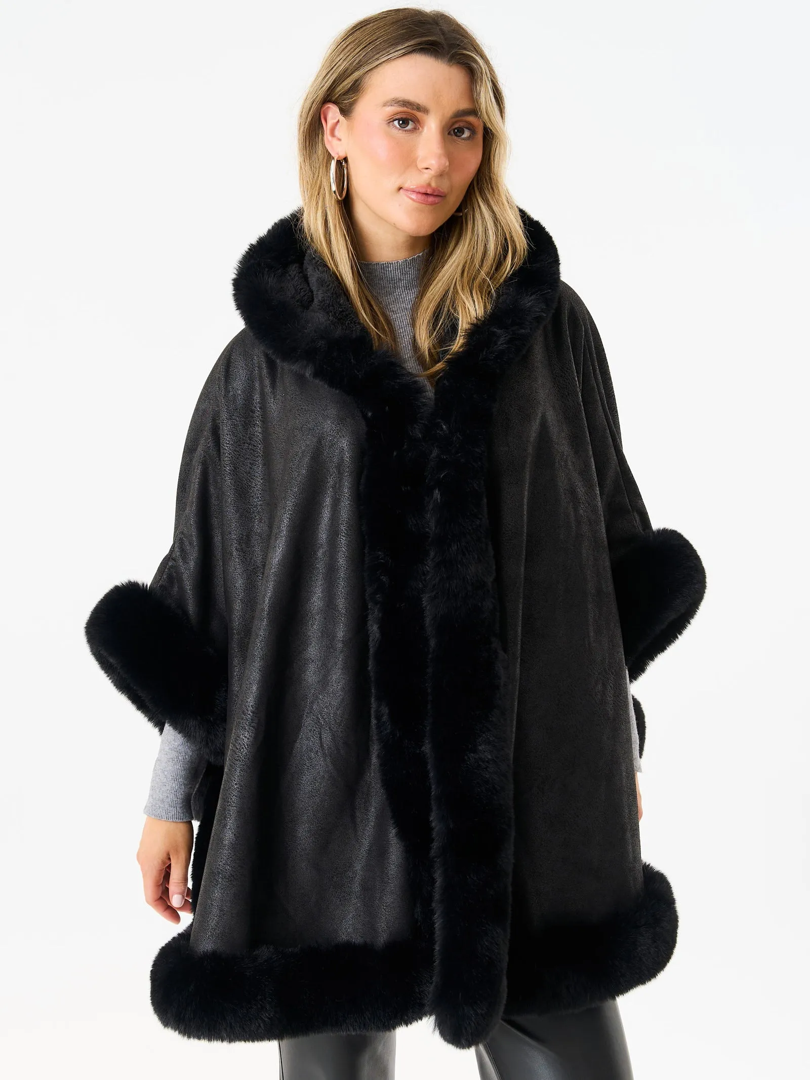 Black Faux Fur Trim Poncho Cape