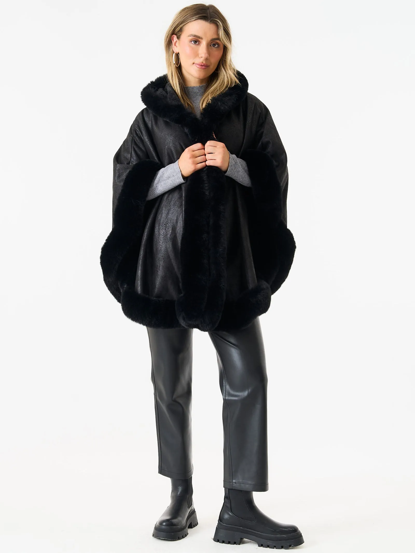 Black Faux Fur Trim Poncho Cape