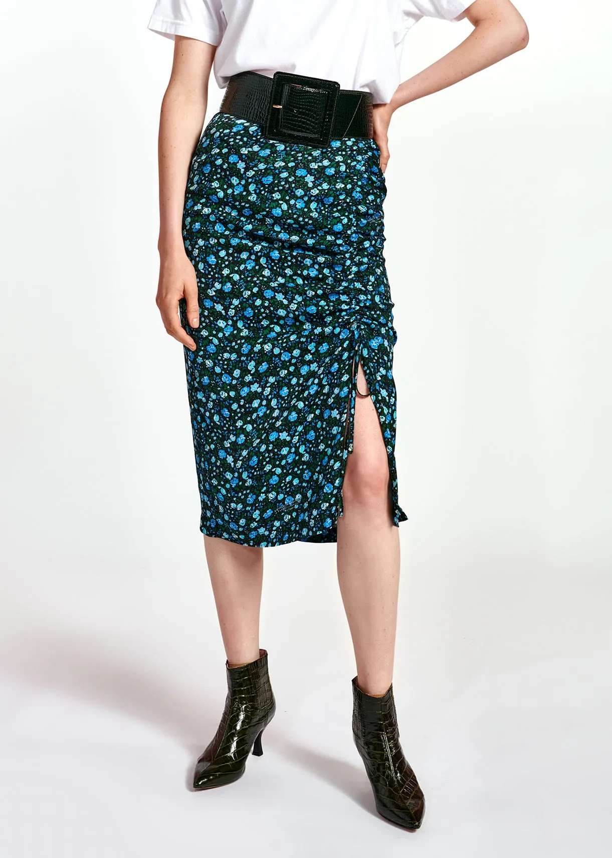 Blue and green floral print pencil skirt