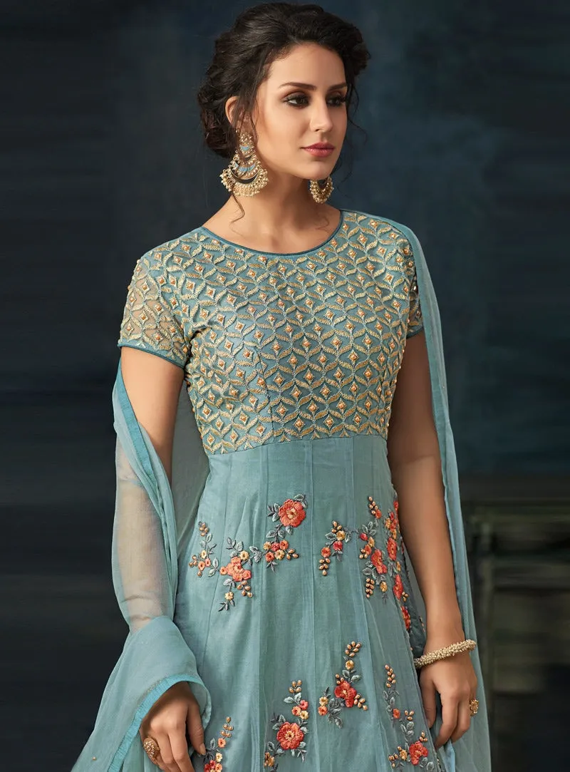 Blue Overall Bunch Embroidered Flared Anarkali Suit