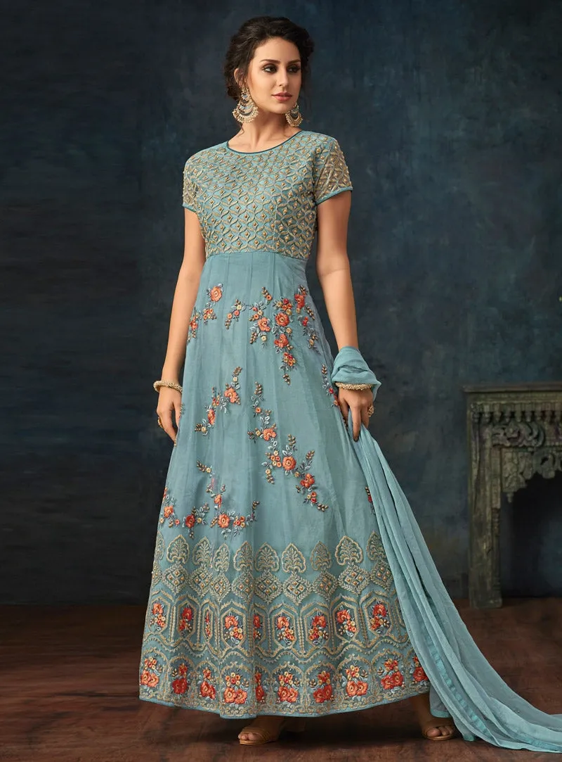 Blue Overall Bunch Embroidered Flared Anarkali Suit