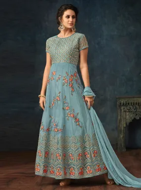 Blue Overall Bunch Embroidered Flared Anarkali Suit