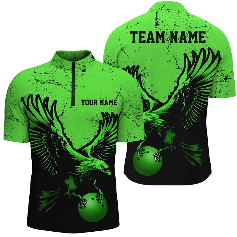 Bowling And Pins Eagle Camo Customized Name, Team Name 3D Zipper Polo Shirt For Men