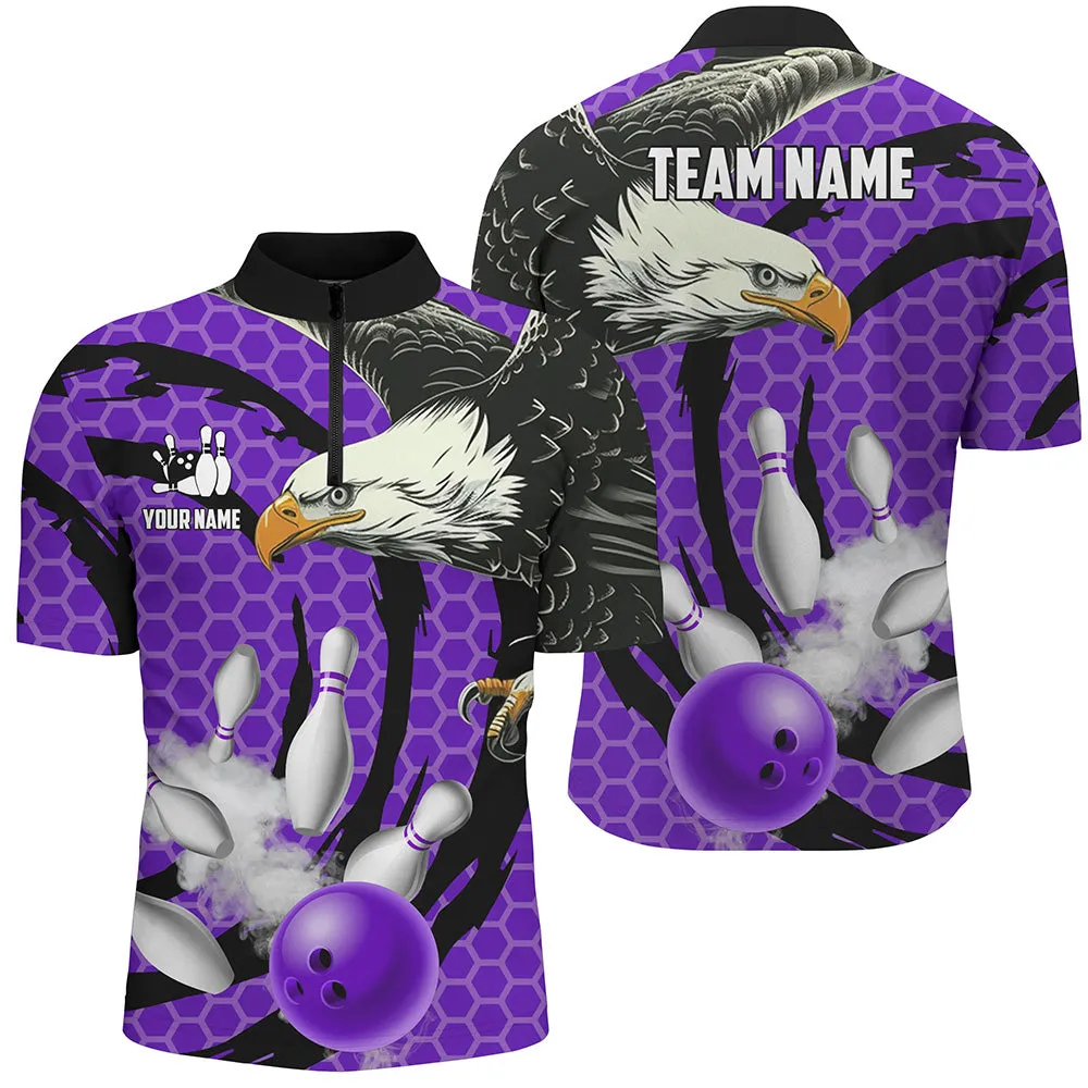 Bowling And Pins Eagle Camo Customized Name, Team Name 3D Zipper Polo Shirt For Men