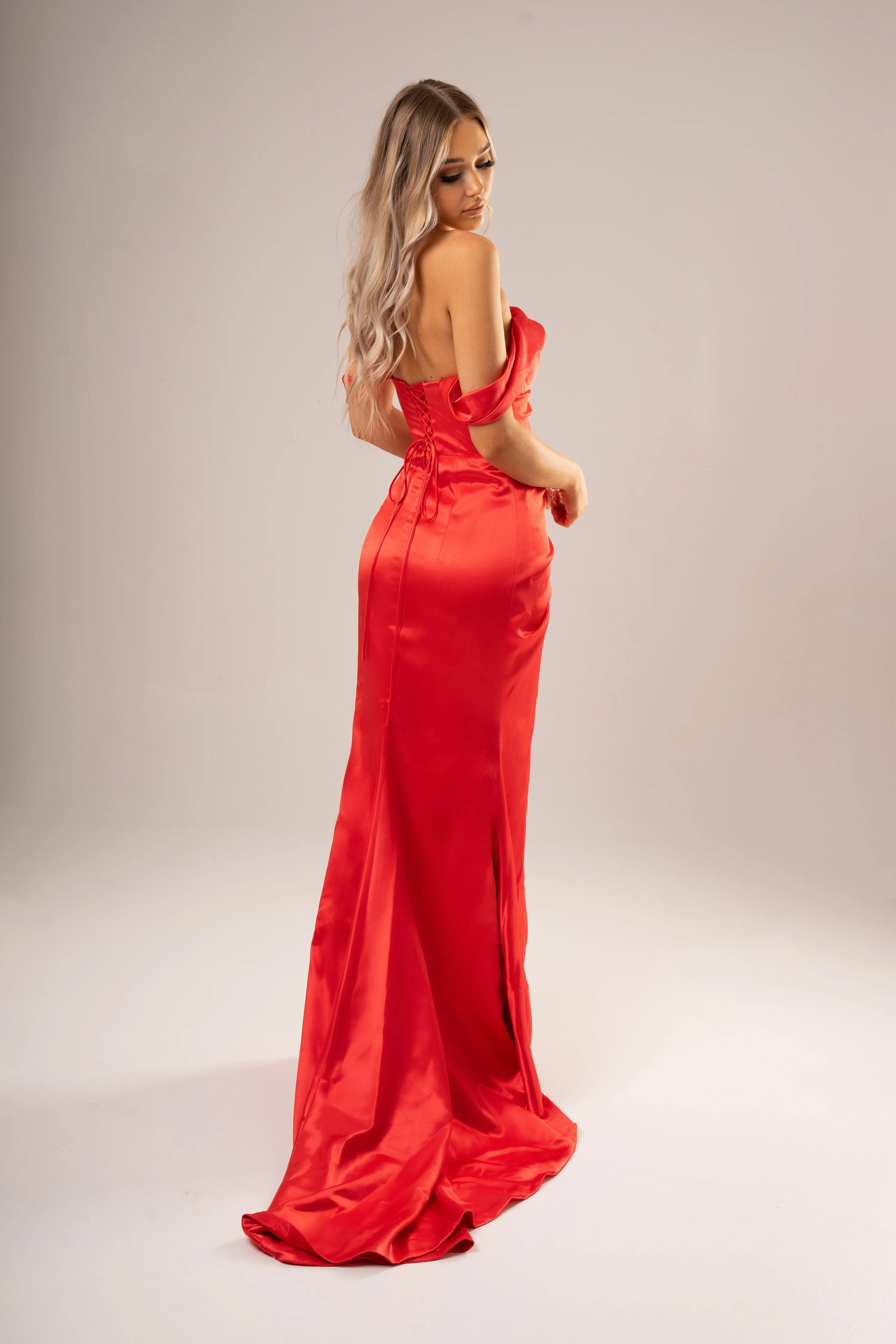 Bright Red Satin mermaid dress with off the shoulder and high slit