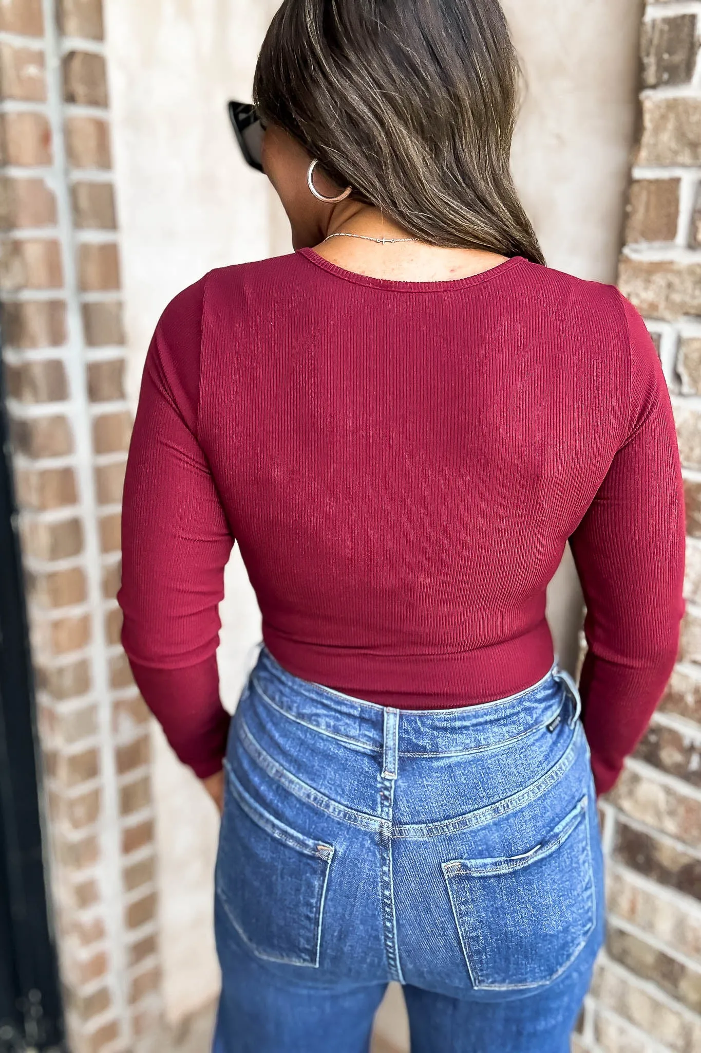 Burgundy Long Sleeve Wrap Side Shirring Bodysuit