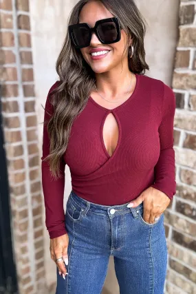 Burgundy Long Sleeve Wrap Side Shirring Bodysuit