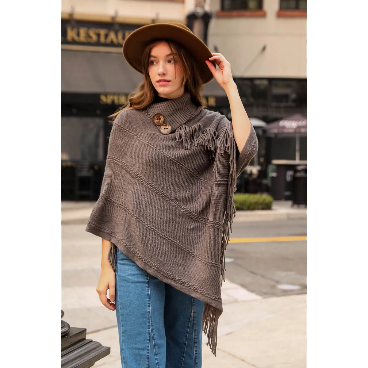 Button Neck Fringe Poncho