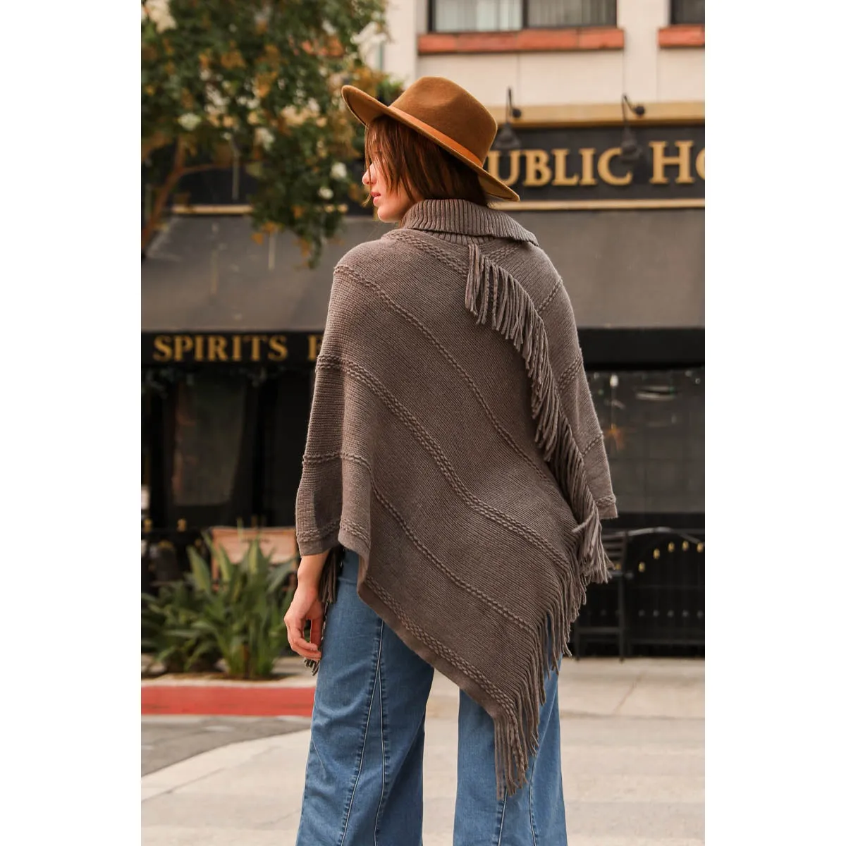 Button Neck Fringe Poncho