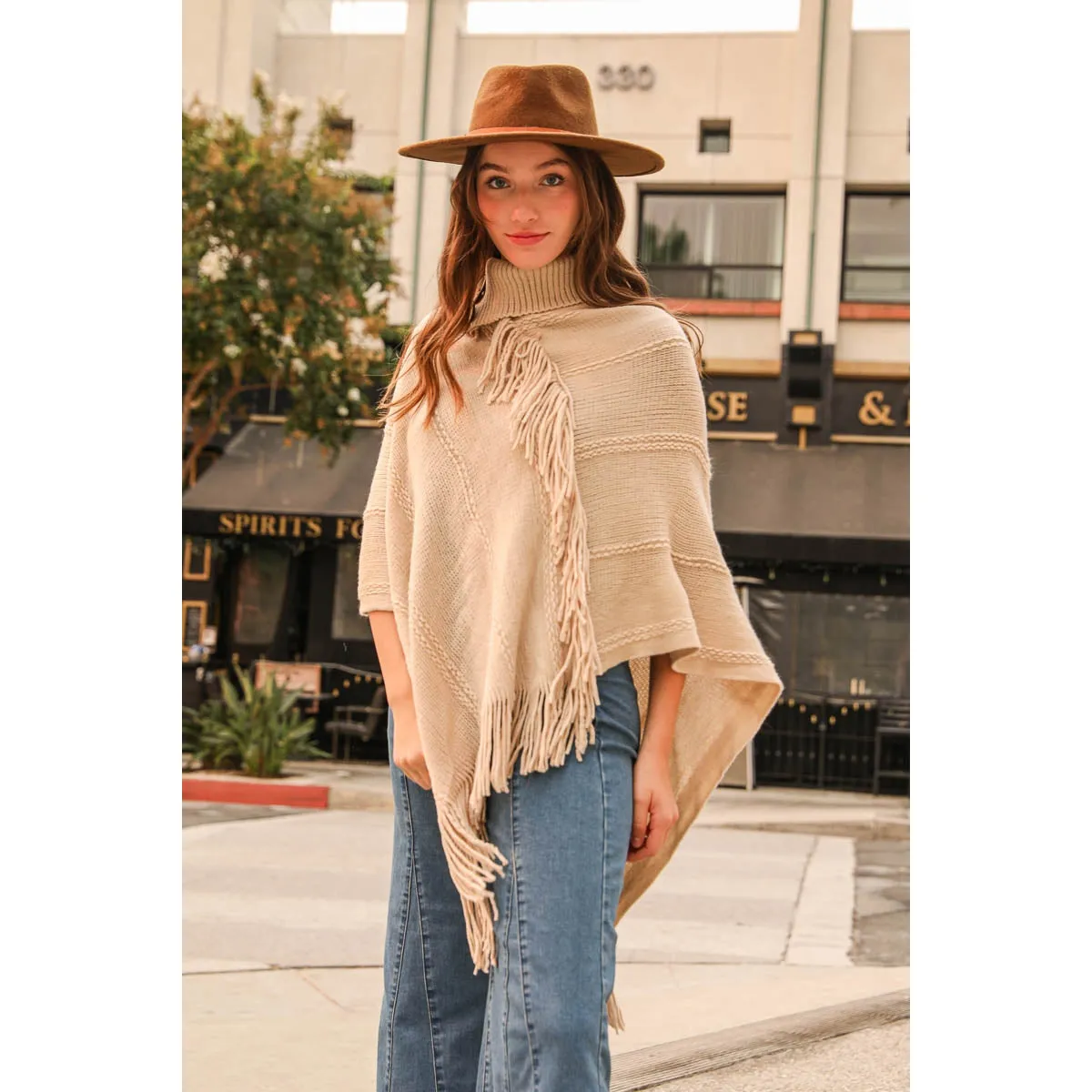 Button Neck Fringe Poncho