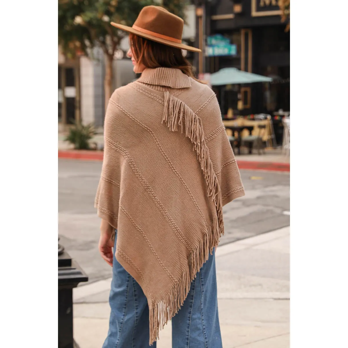 Button Neck Fringe Poncho