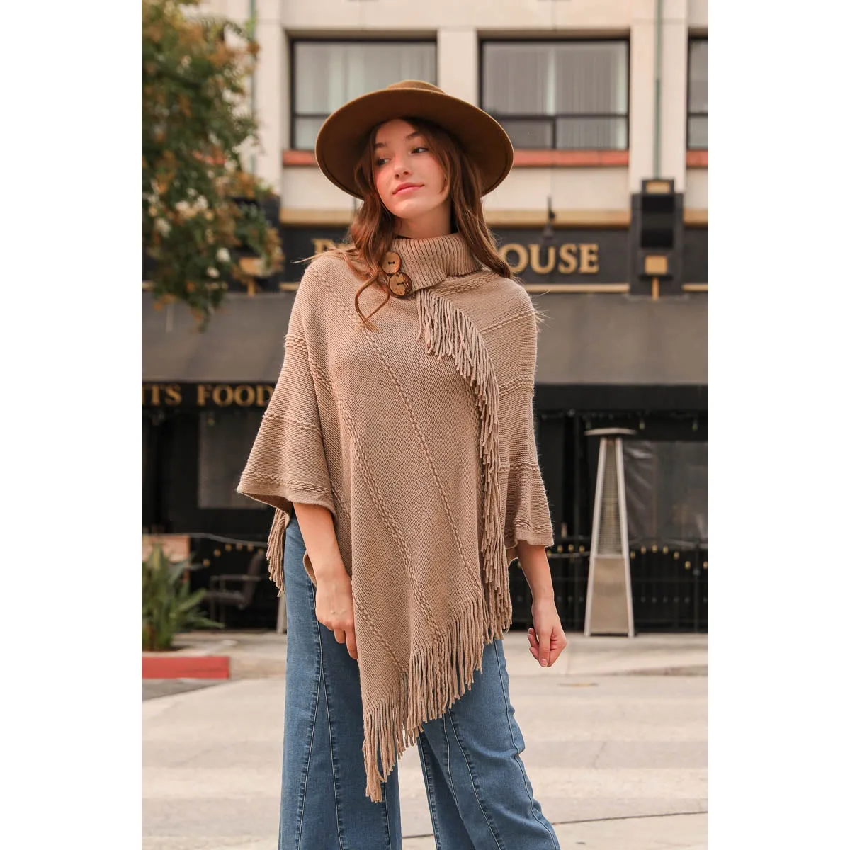 Button Neck Fringe Poncho