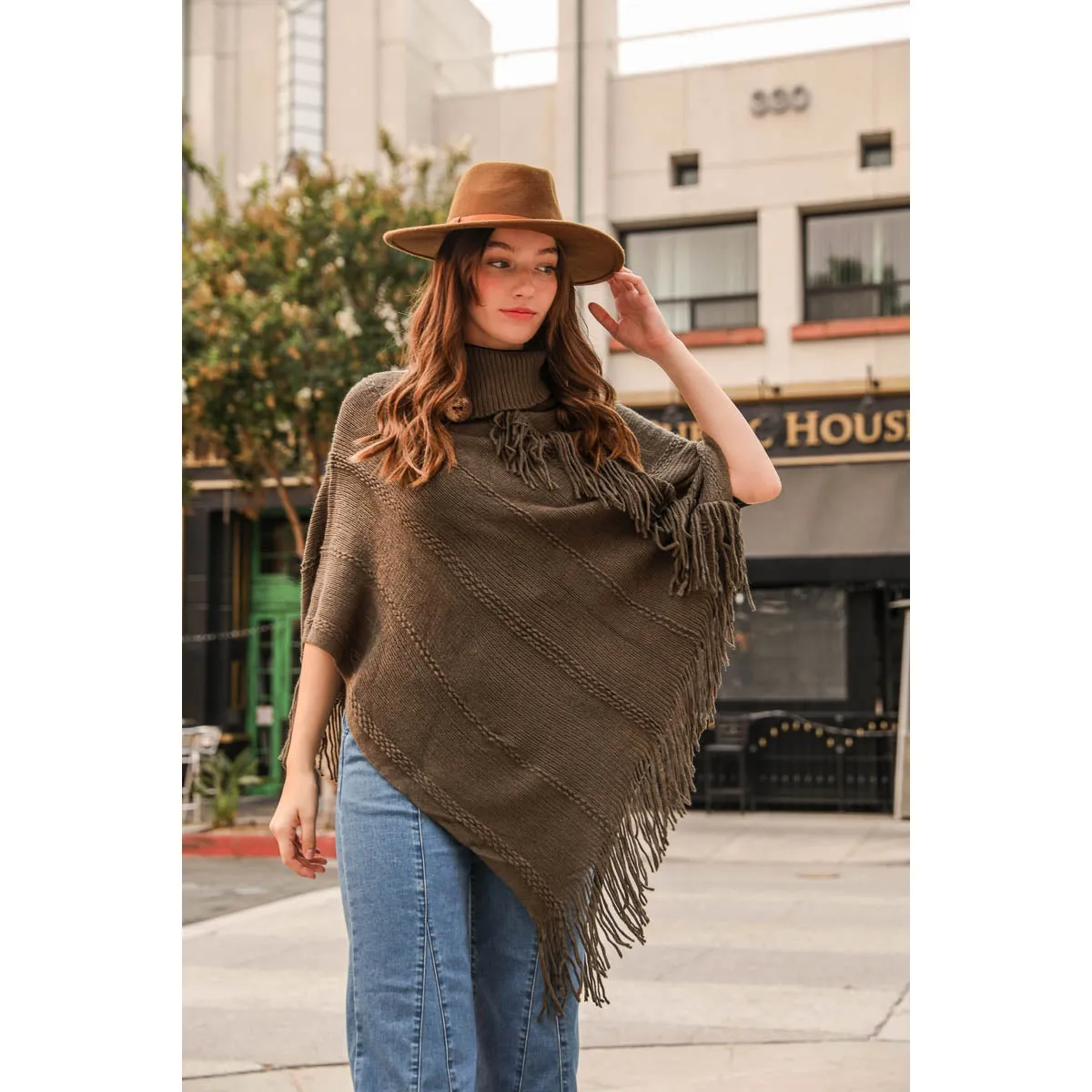 Button Neck Fringe Poncho