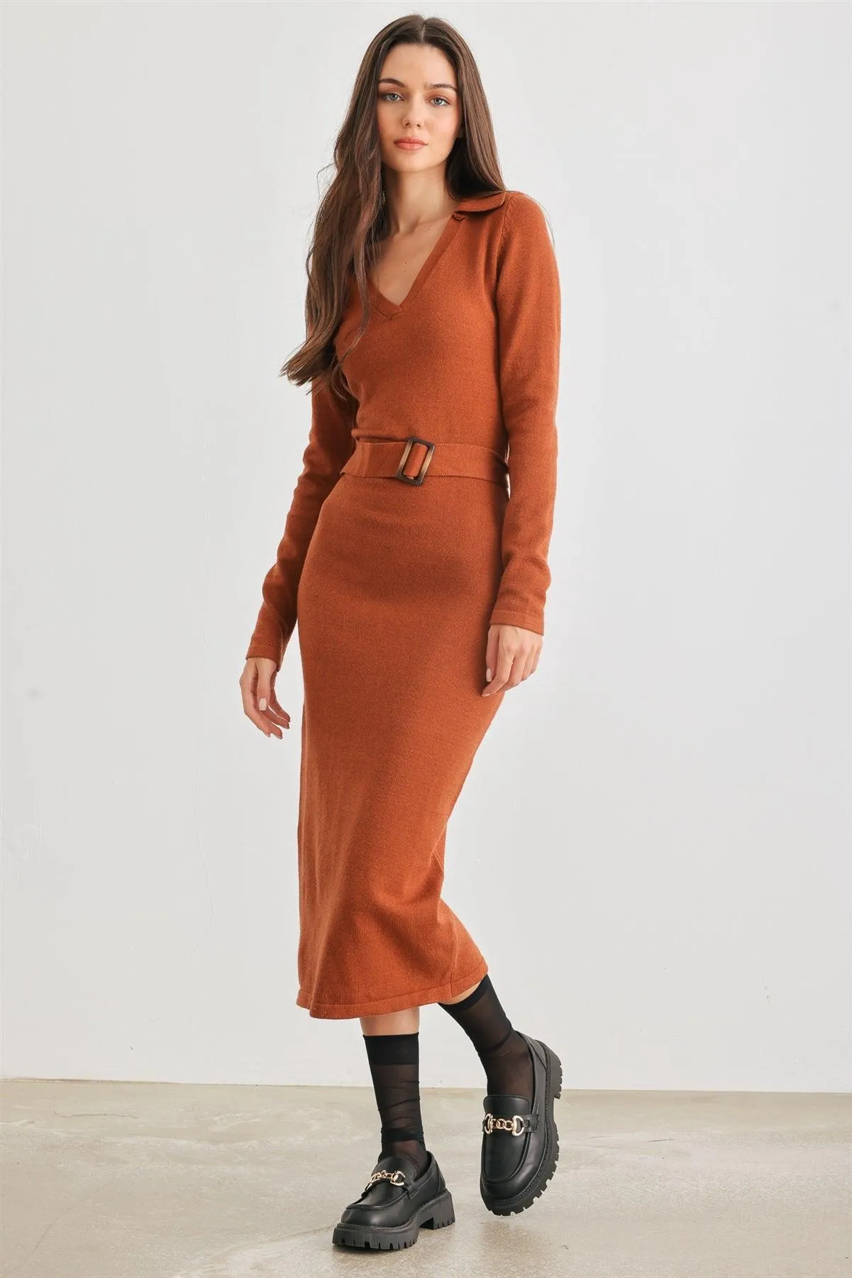 Caramel Knit Collared Neck Belted Midi Dress /3-3