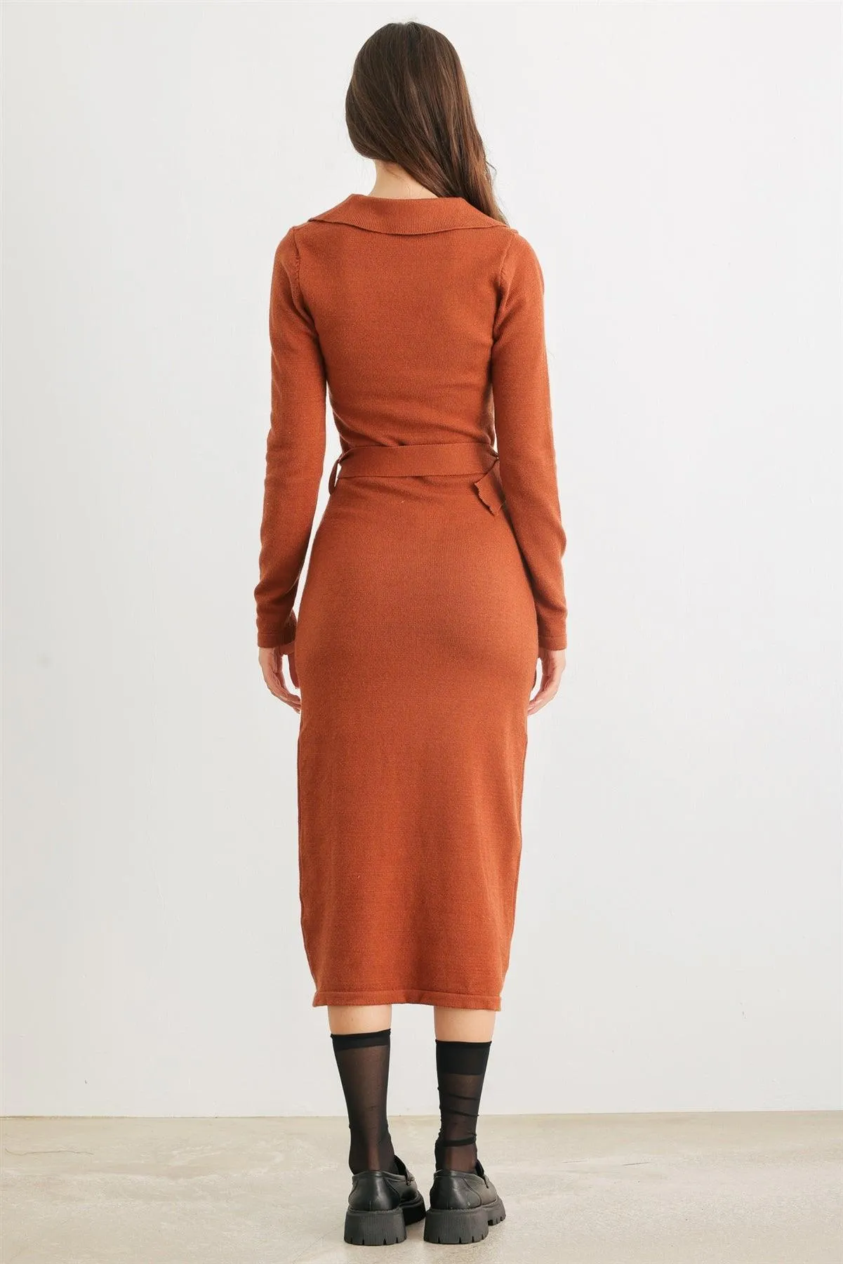 Caramel Knit Collared Neck Belted Midi Dress /3-3