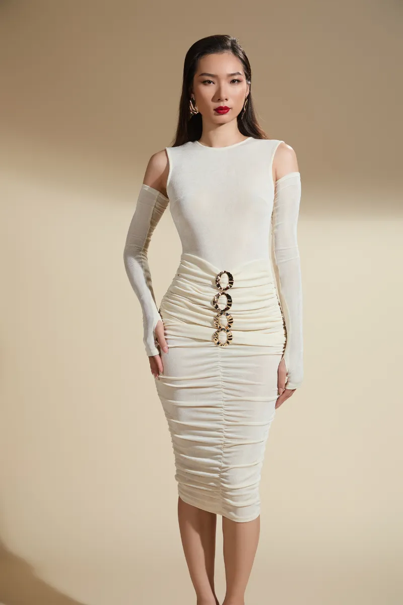 CELESTE BODYCON OPEN SHOULDER JERSEY MIDI DRESS