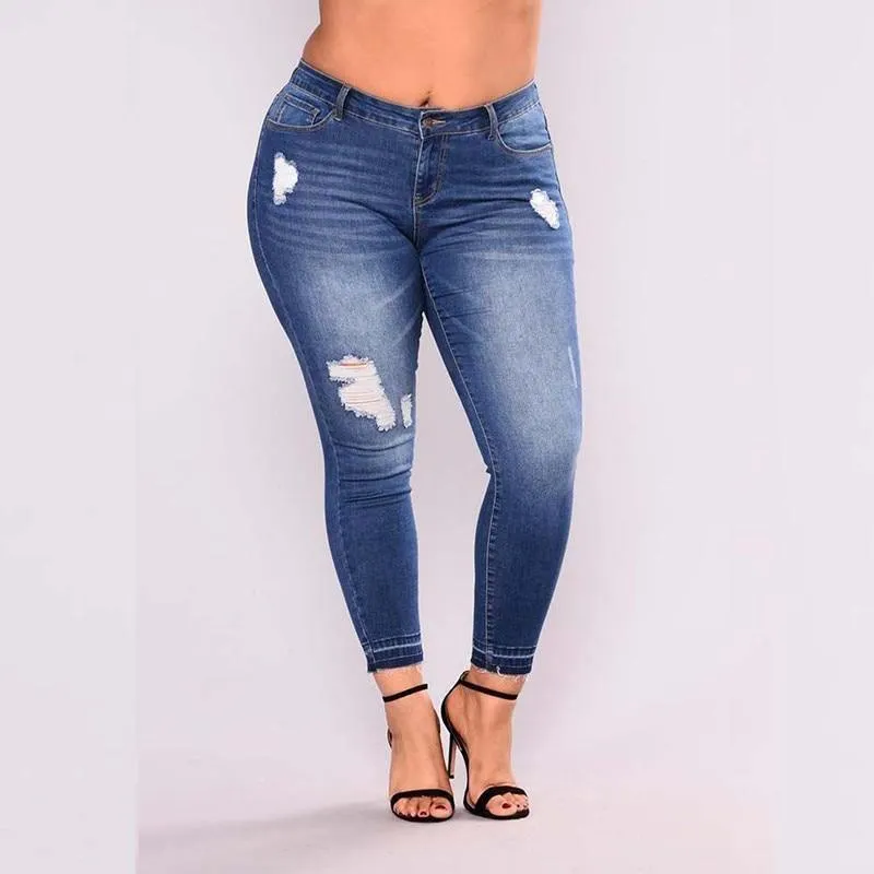 Elastic Ripped Plus Size Jeans for Women