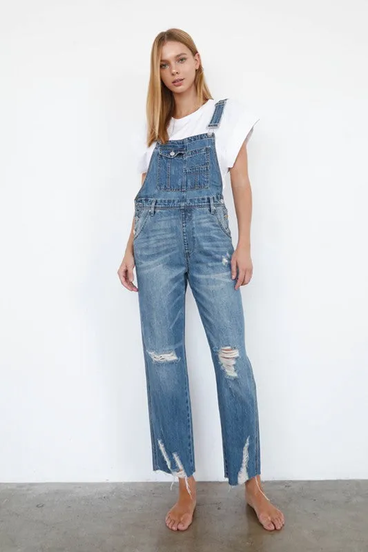 Elenor High Waist Ripped Straight Denim Overall Jumpsuit