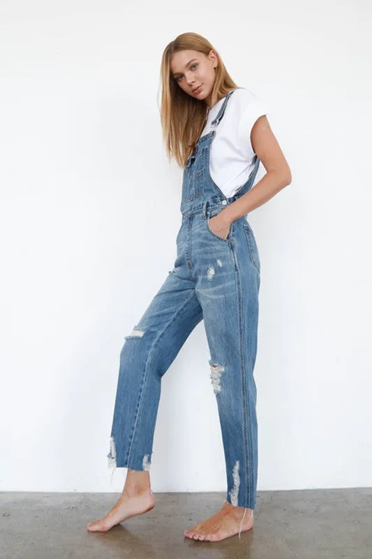 Elenor High Waist Ripped Straight Denim Overall Jumpsuit