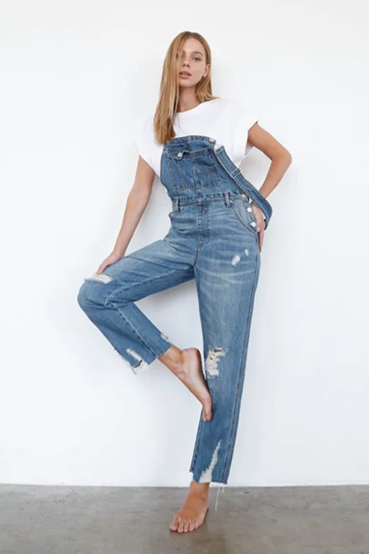 Elenor High Waist Ripped Straight Denim Overall Jumpsuit