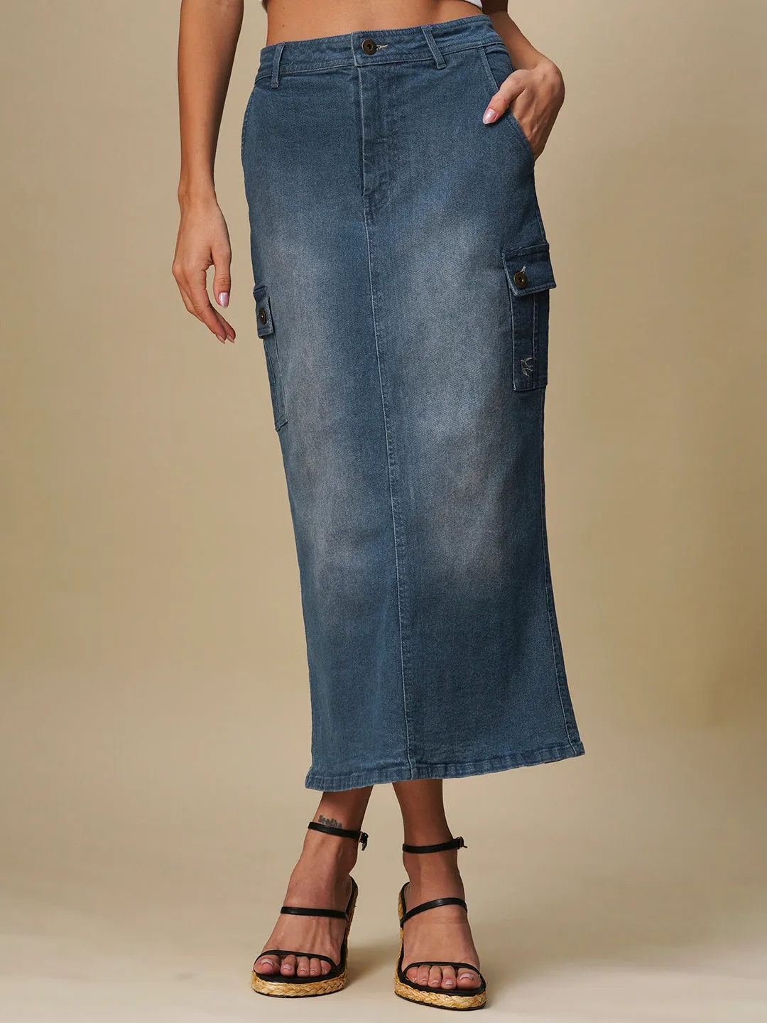 FADED DENIM CARGO POCKET PENCIL SKIRT