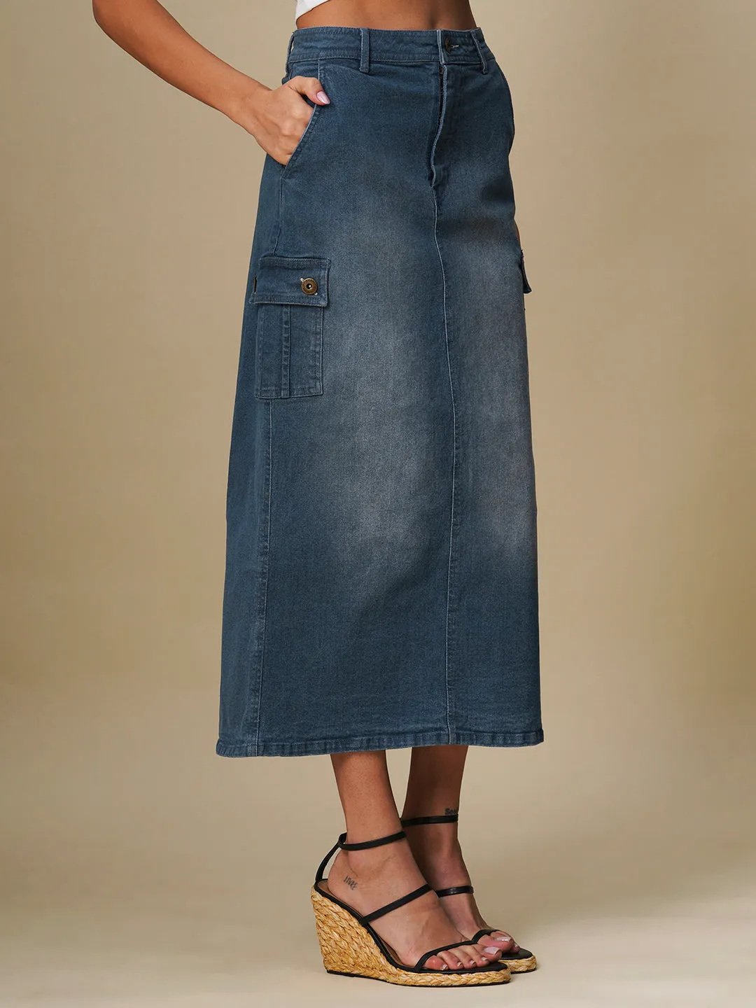 FADED DENIM CARGO POCKET PENCIL SKIRT