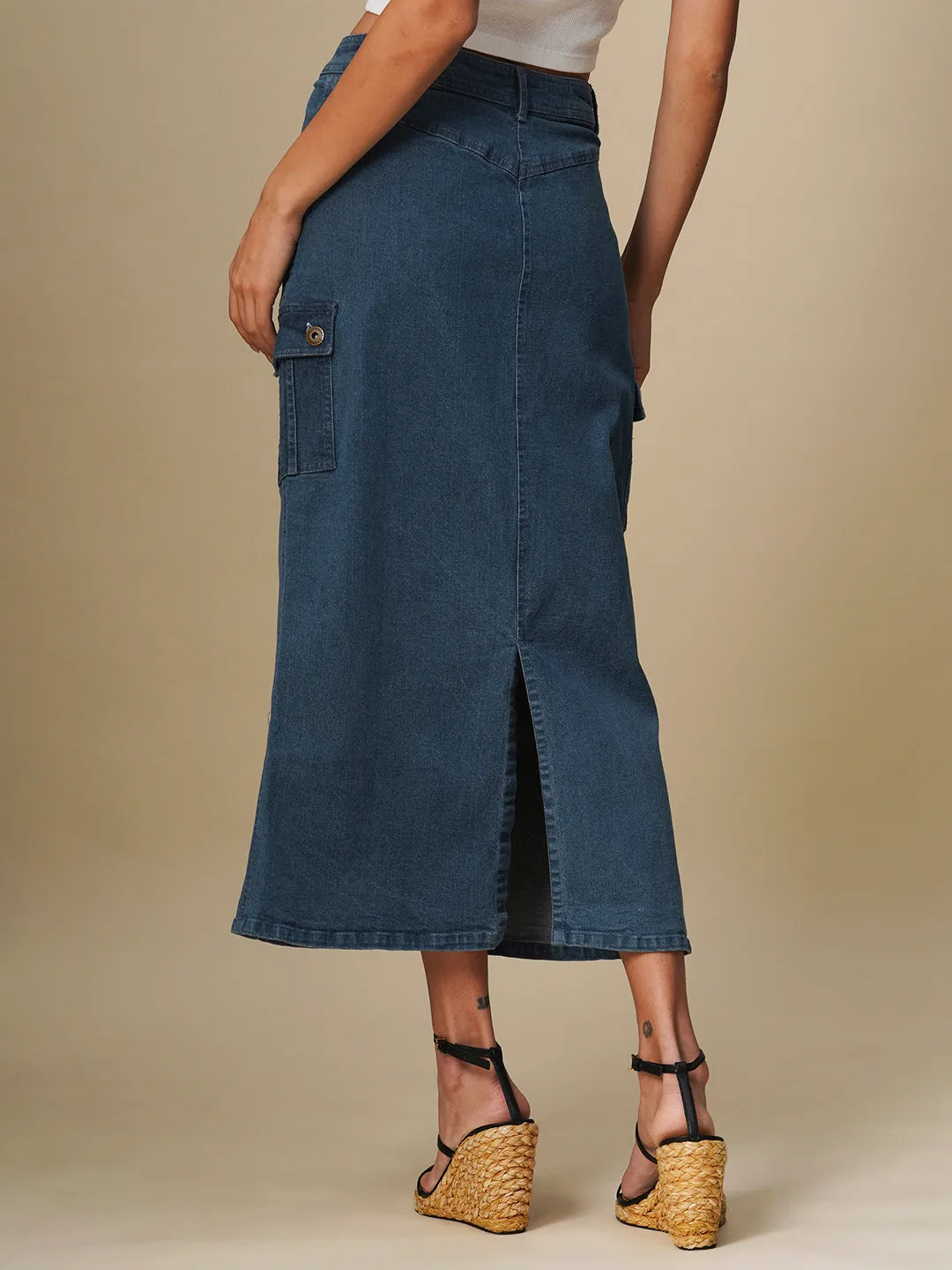 FADED DENIM CARGO POCKET PENCIL SKIRT