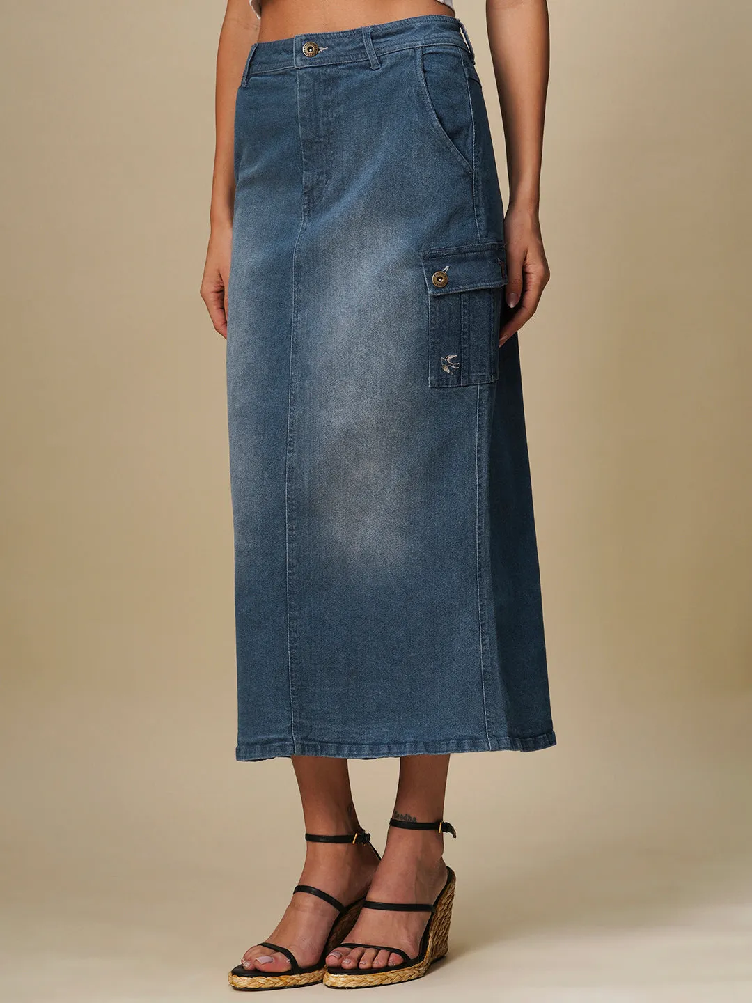 FADED DENIM CARGO POCKET PENCIL SKIRT