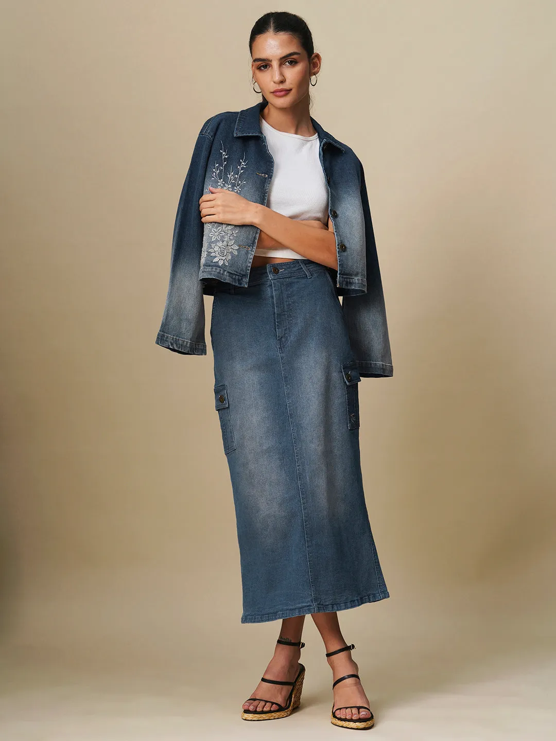 FADED DENIM CARGO POCKET PENCIL SKIRT