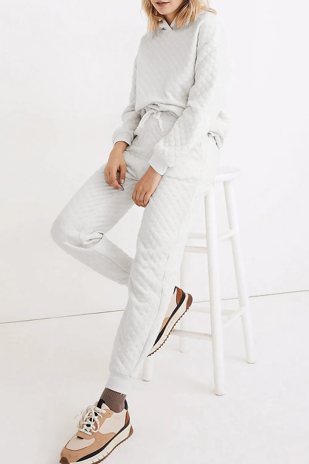 FASHION HOUSE- White Quilted Hoodie and Sweatpants Two Piece Set