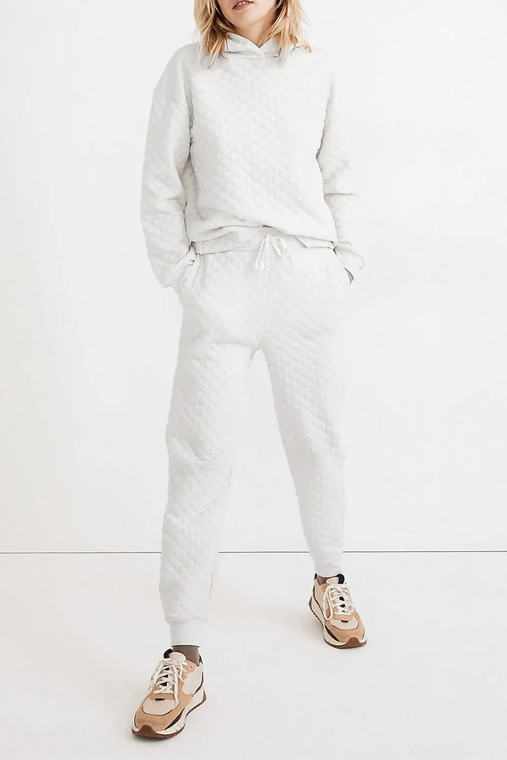 FASHION HOUSE- White Quilted Hoodie and Sweatpants Two Piece Set