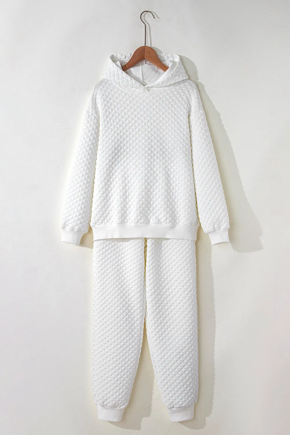 FASHION HOUSE- White Quilted Hoodie and Sweatpants Two Piece Set