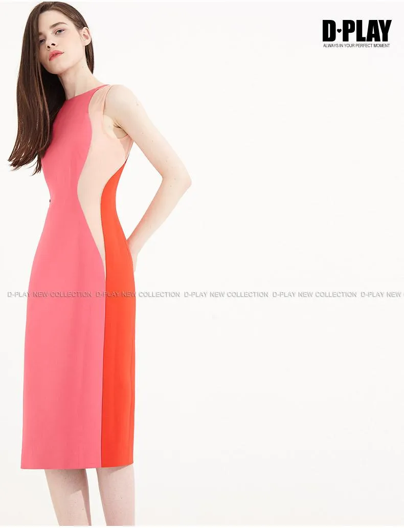 FINAL SALE Color block splicing package pencil dress round neck sleeveless dress- Lidia