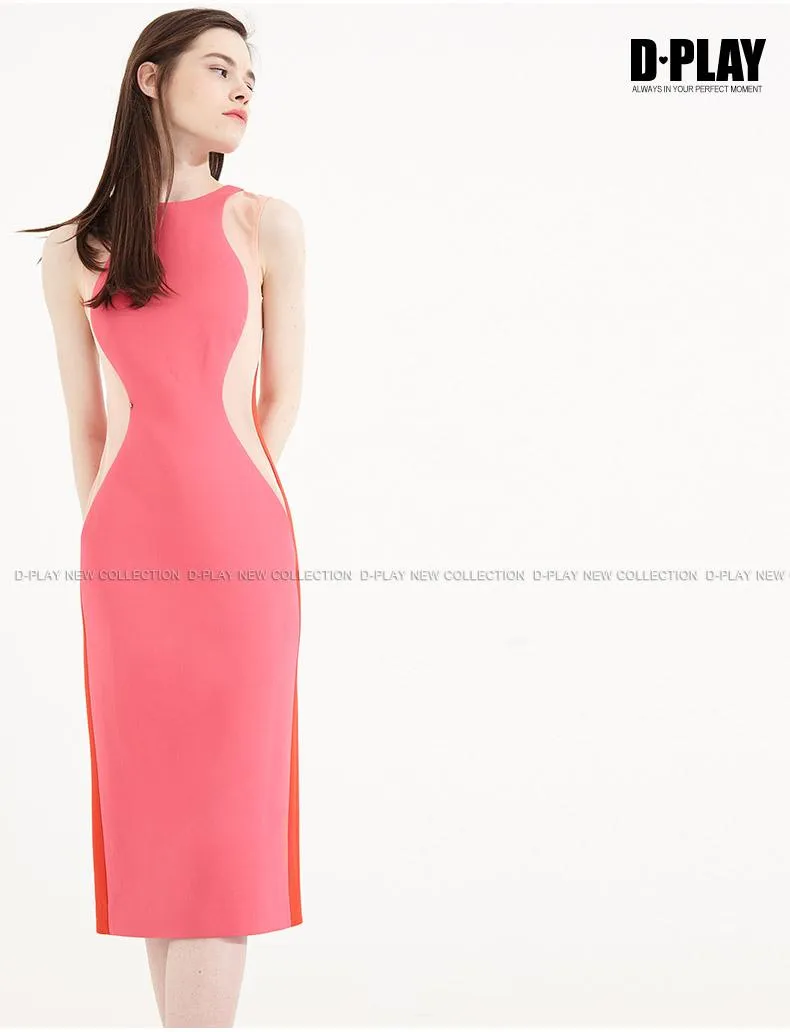 FINAL SALE Color block splicing package pencil dress round neck sleeveless dress- Lidia