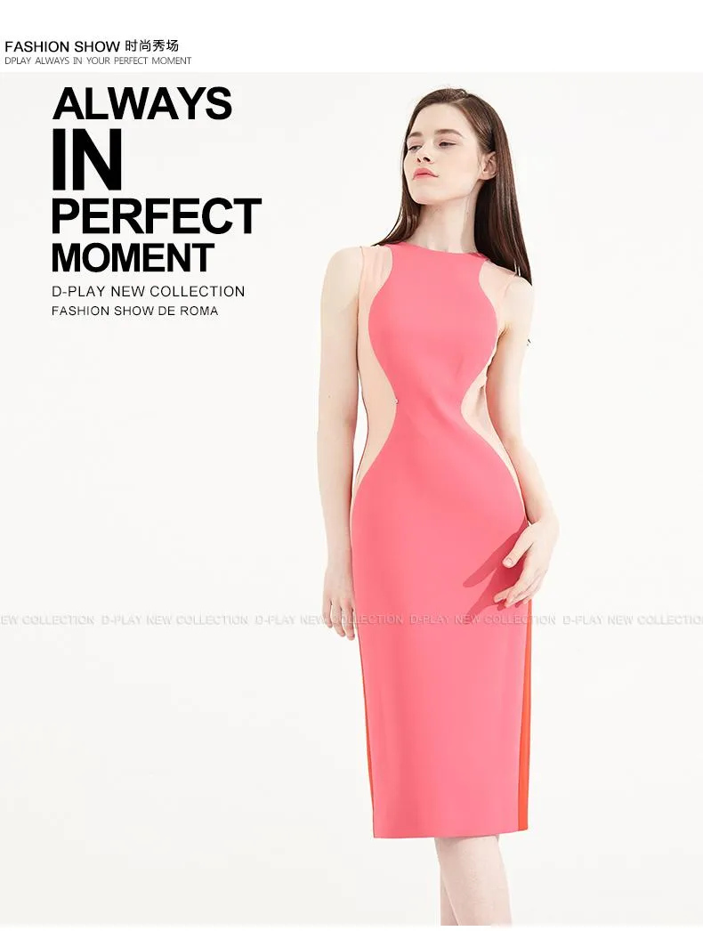 FINAL SALE Color block splicing package pencil dress round neck sleeveless dress- Lidia