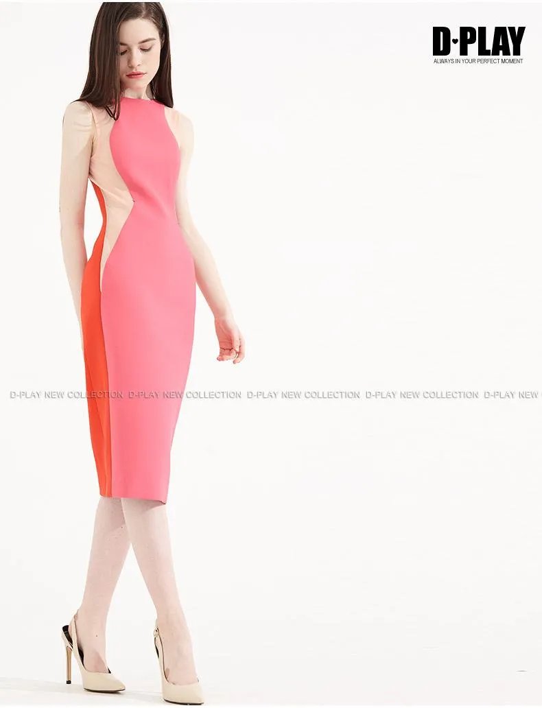 FINAL SALE Color block splicing package pencil dress round neck sleeveless dress- Lidia