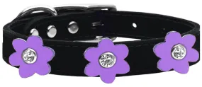 Flower Leather Collar Black With Lavender Flowers Size 26