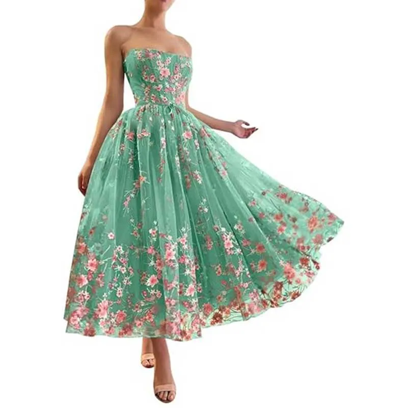 Flower Prom Dresses Tea Length Embroidered Tulle Lace Formal Evening Party Gowns