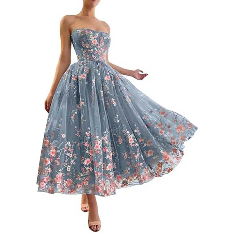 Flower Prom Dresses Tea Length Embroidered Tulle Lace Formal Evening Party Gowns