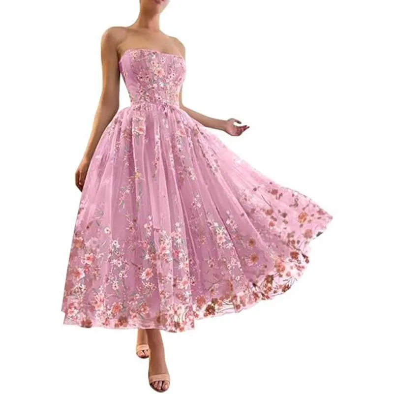 Flower Prom Dresses Tea Length Embroidered Tulle Lace Formal Evening Party Gowns