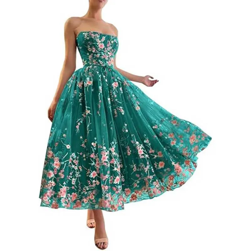 Flower Prom Dresses Tea Length Embroidered Tulle Lace Formal Evening Party Gowns