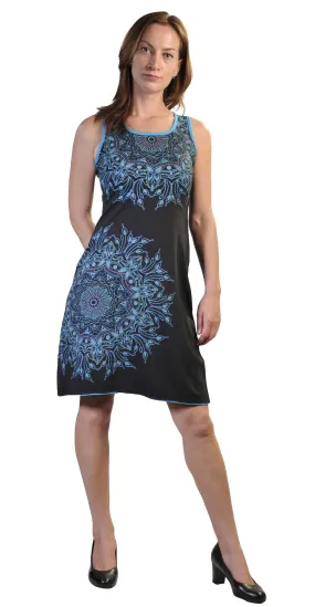 Front Mandala Print & Embroidery Sleeveless Dress.