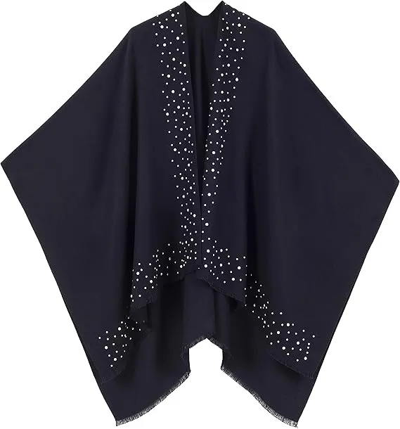 Geometric Navy Luxurious Knit Sweater Poncho Cardigan